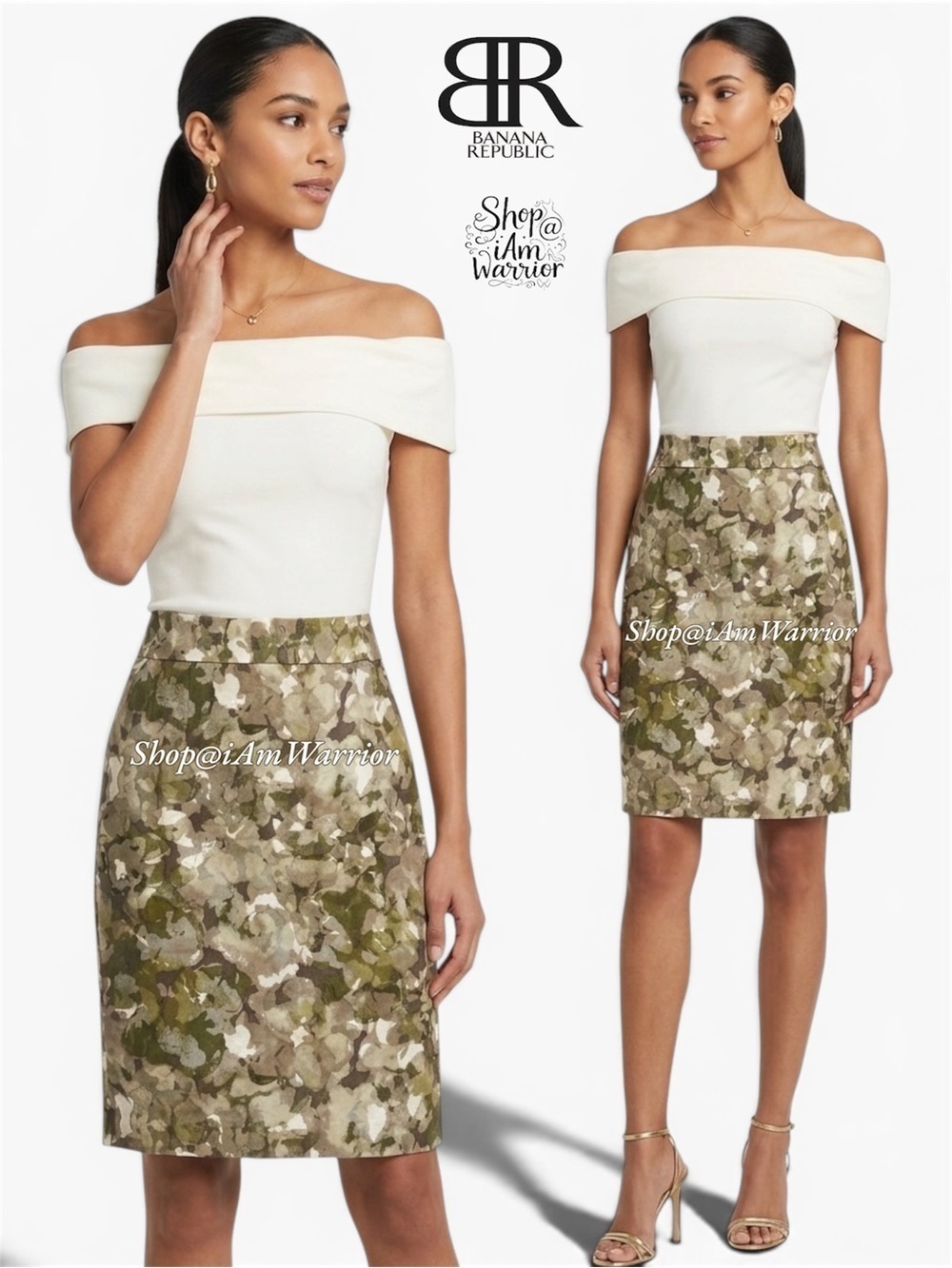 Banana Republic linen blend moss green watercolor pencil skirt shop@iamwarrior
